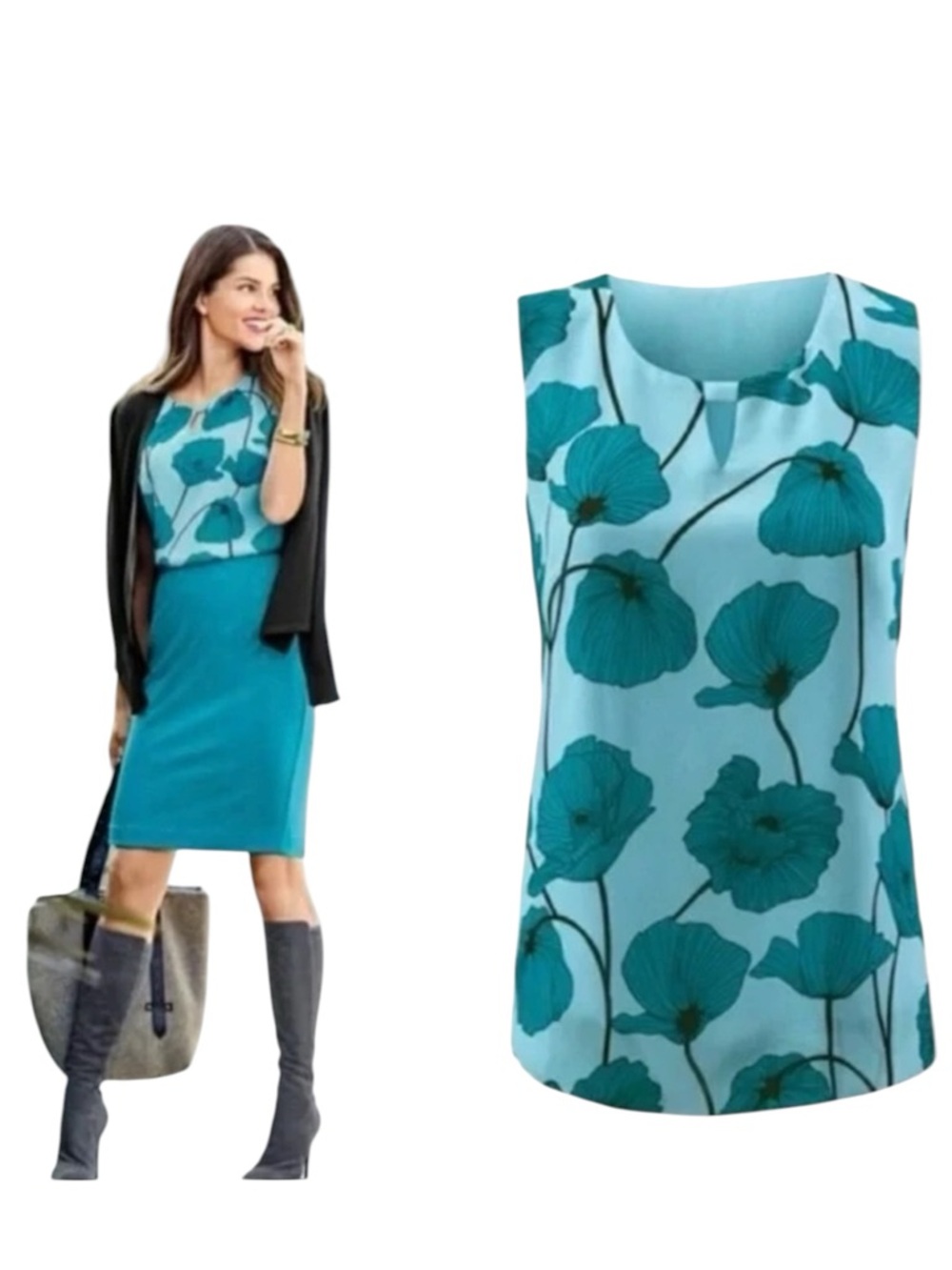 CAbi #3268 Blue Poppy Floral Print Sleeveless Tank Keyhole Top Size S